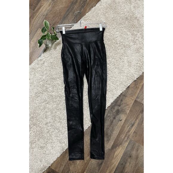 Spanx Metallic Black Faux Leather High Waisted Versatile Edgy Slimming Leggings - Picture 2 of 7